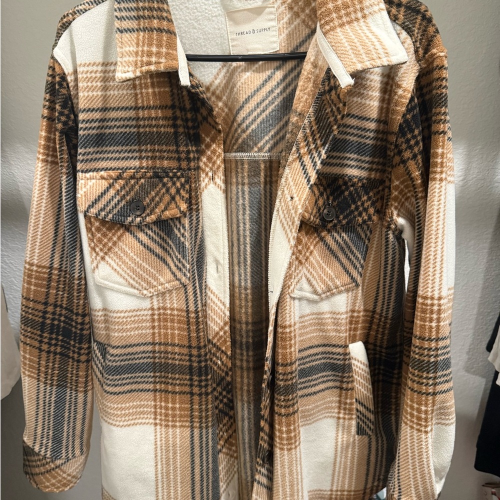 Thread & Supply Tan and Cream Plaid Utility Jacket, Fleece